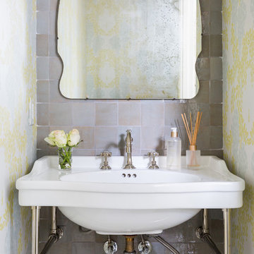 Transitional Powder Room with Zellige Tile and Floral Wallpaper