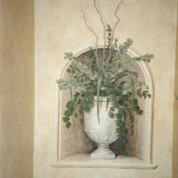 trompe l'oeil of niche w/urn in powder room