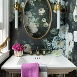 Inspiration for a transitional powder room remodel in Minneapolis with multicolored walls and a console sink