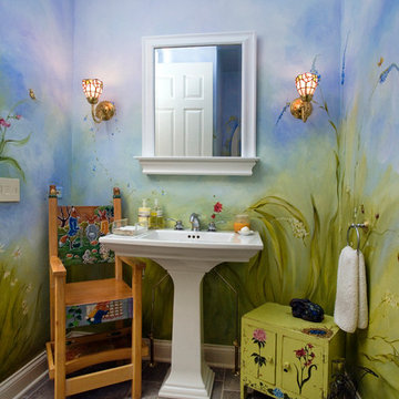 Wildflower Theme Bathroom with Custom Mural and Pedestal Sink