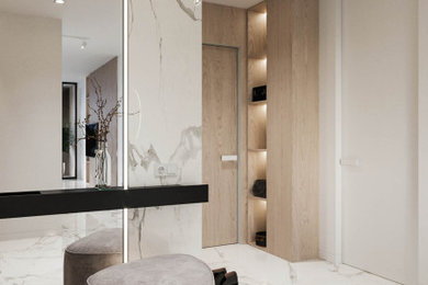 Mittelgroße Moderne Haustür mit weißer Wandfarbe, Porzellan-Bodenfliesen, Einzeltür, hellbrauner Holzhaustür und weißem Boden in Sonstige