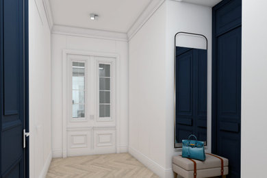 На фото: узкая прихожая среднего размера в стиле неоклассика (современная классика) с белыми стенами, паркетным полом среднего тона, двустворчатой входной дверью, синей входной дверью и бежевым полом с