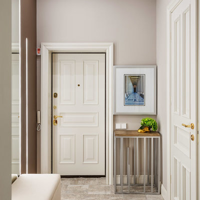 Mid-sized elegant single front door photo in Moscow with gray walls and a white front door