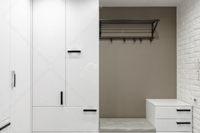 Пример оригинального дизайна: прихожая среднего размера в современном стиле с коричневыми стенами, полом из керамической плитки и серым полом