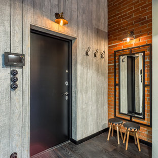 Cette image montre un hall d'entrée urbain avec un mur multicolore, un sol en bois foncé, une porte simple et une porte noire.