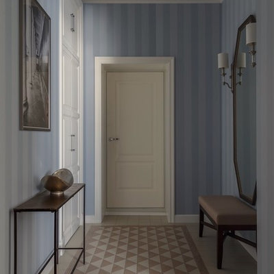 Elegant beige floor entryway photo in Moscow with blue walls and a white front door