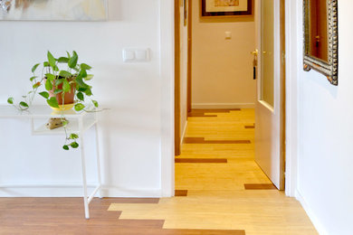 Imagen de recibidores y pasillos actuales de tamaño medio con paredes blancas, suelo de bambú y suelo multicolor