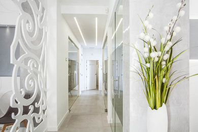 Foto de recibidores y pasillos modernos grandes con paredes blancas, suelo de baldosas de cerámica y suelo gris