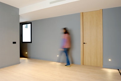 Foto de recibidores y pasillos actuales grandes con paredes azules y suelo de madera en tonos medios