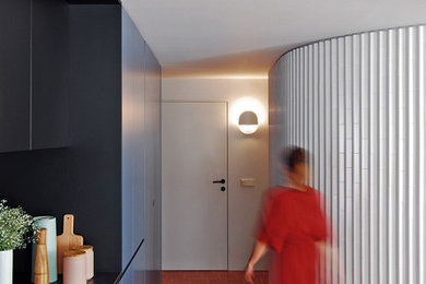 Ejemplo de recibidores y pasillos minimalistas de tamaño medio con paredes blancas, suelo de baldosas de terracota y suelo marrón