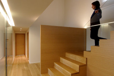Foto de recibidores y pasillos contemporáneos de tamaño medio con paredes blancas y suelo de madera en tonos medios