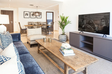 Imagen de sala de estar escandinava de tamaño medio con suelo de mármol y televisor independiente