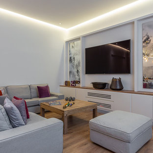 Foto de sala de estar contemporánea, de tamaño medio, sin chimenea, con suelo de madera en tonos medios, televisor colgado en la pared y paredes grises