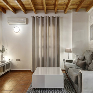 Modelo de sala de estar cerrada, contemporánea, con televisor independiente y suelo marrón
