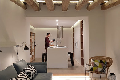 Offenes Nordisches Wohnzimmer mit weißer Wandfarbe und hellem Holzboden in Barcelona