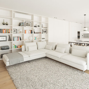 Modelo de sala de estar abierta, moderna, con paredes blancas, suelo de madera clara y suelo beige