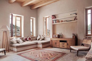 Imagen de sala de estar abierta de estilo de casa de campo de tamaño medio con paredes blancas y suelo de baldosas de terracota