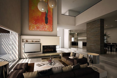 Ejemplo de sala de estar abierta actual de tamaño medio con paredes beige, suelo de mármol, chimenea de esquina, marco de chimenea de metal y pared multimedia