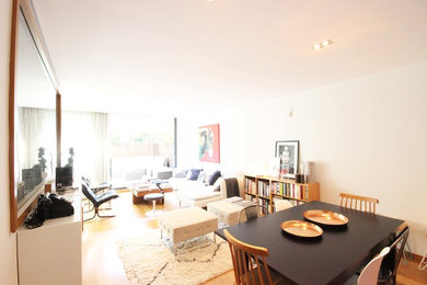 Imagen de sala de estar contemporánea de tamaño medio sin chimenea con paredes blancas y suelo de madera clara
