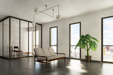 Imagen de sala de estar tipo loft moderna grande con paredes blancas, suelo de cemento y suelo gris