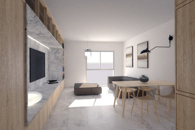 Modelo de sala de estar abierta escandinava grande con paredes blancas, suelo de mármol, televisor colgado en la pared y suelo blanco