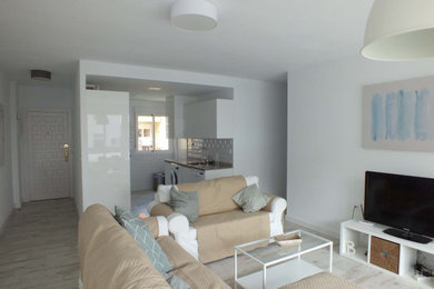Diseño de sala de estar abierta moderna de tamaño medio con paredes blancas y televisor independiente