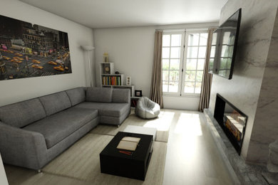 Imagen de sala de estar abierta minimalista pequeña con paredes blancas, suelo de ladrillo, chimenea lineal, marco de chimenea de baldosas y/o azulejos, televisor colgado en la pared y suelo gris