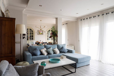 Diseño de sala de estar actual de tamaño medio con paredes blancas y suelo de madera en tonos medios