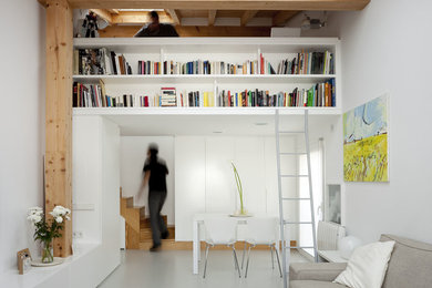 Diseño de sala de estar con biblioteca cerrada contemporánea pequeña sin chimenea y televisor con paredes blancas y suelo de cemento