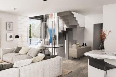 Modelo de sala de estar cerrada moderna grande con paredes blancas, suelo de baldosas de cerámica, televisor colgado en la pared y suelo gris