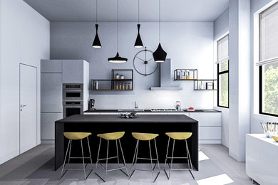 Imagen de cocina contemporánea grande abierta con suelo de cemento y suelo gris