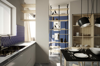 Esempio di una piccola sala da pranzo aperta verso la cucina minimal con pareti blu, pavimento in gres porcellanato e pavimento nero