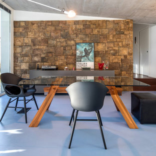 Esempio di una sala da pranzo minimal con pareti bianche e pavimento blu
