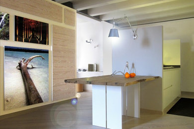 Idee per una piccola sala da pranzo aperta verso il soggiorno eclettica con pareti bianche e pavimento in legno verniciato