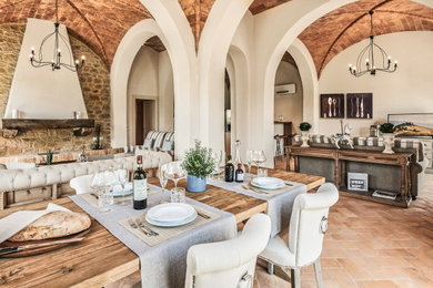 Immagine di una grande sala da pranzo aperta verso il soggiorno mediterranea con pareti beige, pavimento in terracotta, camino classico, pavimento marrone e soffitto a volta