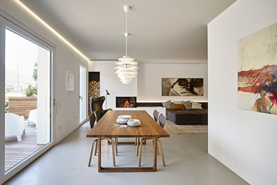 Ispirazione per una sala da pranzo aperta verso il soggiorno minimal con pareti bianche