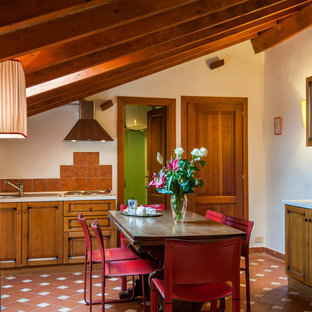 Immagine di una sala da pranzo aperta verso la cucina country con pareti bianche, pavimento in terracotta e pavimento rosso
