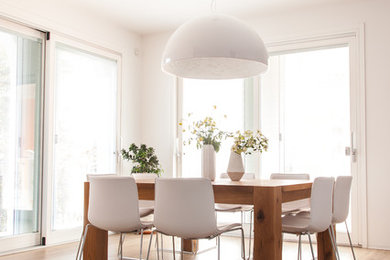 Immagine di una sala da pranzo contemporanea con pareti bianche e parquet chiaro