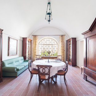Idee per una sala da pranzo aperta verso il soggiorno mediterranea con pareti bianche, pavimento in terracotta, nessun camino e pavimento rosso