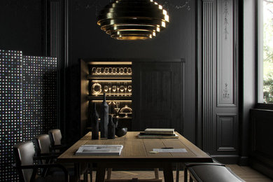 Idee per una sala da pranzo contemporanea con pareti nere e parquet scuro