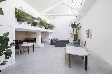 Esempio di un'ampia sala da pranzo aperta verso il soggiorno industriale con pareti bianche, pavimento in cemento, nessun camino e pavimento grigio