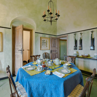 Foto di una sala da pranzo mediterranea chiusa con pareti verdi, nessun camino e pavimento verde