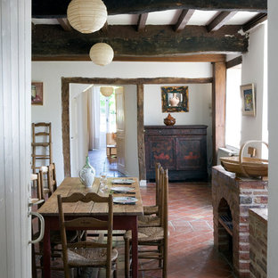 Cette photo montre une salle à manger nature fermée et de taille moyenne avec un mur blanc et un sol en carreau de terre cuite.