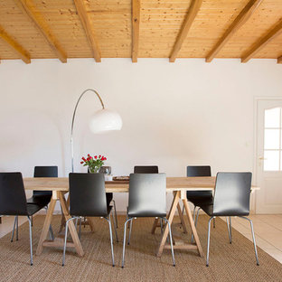 Exemple d'une grand salle à manger nature fermée avec un mur blanc, un sol en carrelage de céramique et un sol beige.