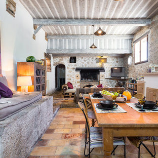 Inspiration pour une grand salle à manger ouverte sur le salon rustique avec un mur blanc, une cheminée standard, un manteau de cheminée en pierre et un sol en carreau de terre cuite.