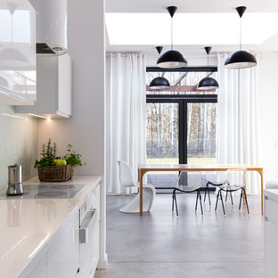 Cette photo montre une grand salle à manger ouverte sur le salon tendance avec un mur blanc, béton au sol et aucune cheminée.