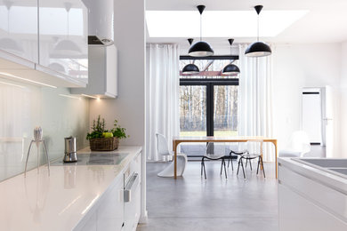 Imagen de comedor contemporáneo grande abierto sin chimenea con paredes blancas, suelo de cemento y cortinas