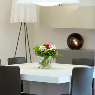 Idée de décoration pour une salle à manger ouverte sur le salon design de taille moyenne avec un mur blanc.