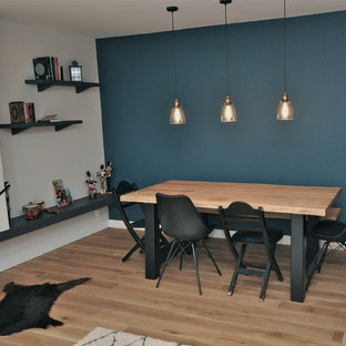 Ispirazione per una grande sala da pranzo industriale chiusa con pareti blu, parquet chiaro, camino classico, cornice del camino in pietra e pavimento beige