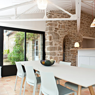 Cette photo montre une grand salle à manger ouverte sur le salon nature avec un mur beige et un sol en carreau de terre cuite.